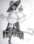 anthro big_breasts bottomless breasts clothed clothing dress female food footwear fruit genitals hat headgear headwear heart_symbol high_heels huge_breasts hyper hyper_breasts jack-o'-lantern magic markings mole_(marking) nipple_outline non-mammal_breasts plant pumpkin pussy shoes solo staff teeth text witch_hat seeka dragon's_crown la_pavita_pechugona vanillaware pavita_pechugona sorceress_(dragon's_crown) avian bird galliform phasianid turkey english_text hi_res traditional_media_(artwork)