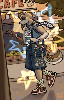 anthro bag blinking bottomwear cafe clothing footwear glare keychain male necktie shirt shoes shorts sneakers solo street t-shirt topwear trinkets holkaqonka absurd_res hi_res