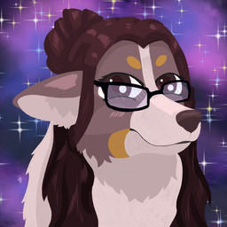 brown_hair cosmic_background eyewear female feral glasses hair looking_at_viewer solo space space_background kitsunitachi canid canine canis domestic_dog herding_dog mammal pastoral_dog welsh_corgi 1:1 hi_res