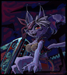 anthro bottomwear breasts cheek_markings cheek_tuft claws cleavage clothed clothing covered_eye detailed_background dipstick_tail facial_markings facial_tuft female finger_claws fur hair head_markings kerchief long_tail looking_at_viewer markings open_mouth pointy_ears purple_body purple_fur purple_hair red_eyes shirt short_hair shorts sitting solo tail tail_markings tank_top topwear tuft vest yellow_sclera actualpendragon mints_(actualpendragon) felid feline mammal detailed digital_media_(artwork) digital_painting_(artwork) painting_(artwork)