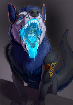 4_fingers anthro black_body black_fur black_nose blue_body blue_eyes blue_fur blue_gums blue_mouth blue_tongue bodily_fluids dripping duo fangs feet_first fingers fur fur_markings gradient_background grey_body grey_fur hand_on_tongue inside_mouth larger_pred looking_worried male male/male male_pred male_prey markings neon nude open_mouth oral_vore partially_inside saliva saliva_drip saliva_string simple_background size_difference soft_vore teeth tongue tongue_out vore white_body white_fur wood yellow_markings neoshka canid canine canis hybrid hyena mammal wolf digital_media_(artwork) hi_res