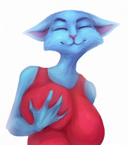 5_fingers anthro big_breasts blue_body blue_eyebrows blue_fur breast_grab breast_squish breasts clothed clothing eyebrows female fingers fur hand_on_breast hand_on_own_breast huge_breasts pink_nose shirt simple_background solo squish topwear white_background alfavition domestic_cat felid feline felis mammal hi_res
