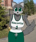 anthro basketball_shorts big_breasts breasts cleavage clothed clothing college crossgender female fully_clothed mascot mtf_crossgender school shirt solo standing tank_top topwear anonymous_artist binghamton_university baxter_bearcat binturong mammal viverrid hi_res