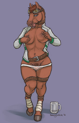 anthro belt big_breasts blue_eyes bodily_fluids breasts brown_body brown_fur clothed clothing ear_piercing eyewear female front_view fur genital_fluids goggles holding_breast hooves jacket leg_wraps licking licking_lips licking_own_lips looking_at_viewer naughty_face nipple_fetish nipple_pinch nipple_play nipples open_clothing open_jacket open_topwear panties partially_clothed piercing pinch pubes self_lick simple_background solo submissive submissive_female teasing text tongue tongue_out topwear underwear vaginal_fluids wet wet_clothing wet_panties wet_underwear wraps chewycuticle ginger_(pogothebullterrier) equid equine horse mammal 2016 absurd_res colored_sketch digital_media_(artwork) hi_res signature sketch