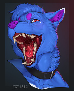 ambiguous_gender anthro blue_body blue_fur blue_hair bodily_fluids cheek_tuft collar collar_only collarbone dipstick_ears dripping drooling ear_markings facial_tuft fangs fur hair looking_at_viewer male mouth_shot multicolored_ears neck_tuft nude open_mouth purple_inner_ear purple_nose red_eyes red_mouth red_tongue saliva saliva_drip saliva_string simple_background smile solo teeth tongue tuft vore white_body white_ear_tips conditional_dnp tgt1512 canid canine fox mammal digital_media_(artwork) hi_res
