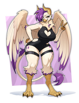 2_horns anthro big_breasts black_clothing black_leotard breasts cleavage cleavage_cutout clothed clothing curvy_figure cutout feathered_wings feathers female gesture hair hand_gesture hand_on_hip highlights_(coloring) horn leotard looking_at_viewer neck_tuft non-mammal_breasts one_eye_closed purple_hair purple_highlights small_waist solo tail tail_tuft thick_thighs tuft v_sign white_body white_feathers wide_hips wings wink winking_at_viewer budoti mythology avian gryphon mythological_avian mythological_creature absurd_res hi_res