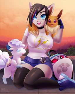 ambiguous_gender anthro backpack black_hair blue_eyes bottomwear breasts brown_body brown_fur choker clothing female feral footwear fur grey_body group hair jewelry legwear looking_at_viewer necklace open_mouth outside pokeball shirt shoes shorts sitting smile standard_pokeball stockings sunset tongue topwear white_body white_fur dannyckoo ladnelsiya nintendo pokemon chikachi alolan_form alolan_vulpix domestic_cat eevee felid feline felis generation_1_pokemon generation_7_pokemon mammal pokemon_(species) regional_form_(pokemon) 2019 hi_res