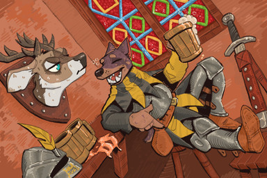 alcohol annoyed anthro armor award beer beer_mug belt belt_buckle belt_pouch beverage boots buckle chair clothing container cup detachable detachable_head duo ears_back ears_up eyes_closed feathers footwear fur furniture hat_feather headgear headwear helmet holding_alcohol holding_beer_mug holding_container holding_cup holding_mug holding_object horn inside looking_pleasured loose_feather male male/male medieval medieval_architecture medieval_armor medieval_clothing medieval_fantasy medieval_style melee_weapon mounted_trophy mug on_chair open_mouth pivoted_ears shoes sitting sitting_on_chair sword table teeth teeth_showing tongue trophy trophy_head weapon window mawkvlt canid canine deer mammal 3:2 hi_res
