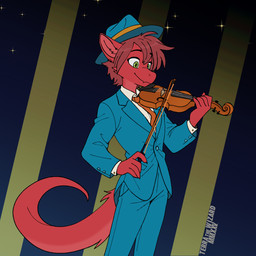 5_fingers anthro biped blue_background blue_bottomwear blue_clothing blue_fedora blue_hat blue_headwear blue_pants blue_suit bottomwear bowed_string_instrument brown_necktie button_(fastener) cheek_tuft claws closed_smile clothed clothing cosplay countershade_ears countershade_fur countershade_neck countershade_tail countershading eyebrow_through_hair eyebrows facial_tuft fedora finger_claws fingers flesh_fang front_view fully_clothed fur green_eyes hair hat headgear headwear holding_musical_instrument holding_object holding_violin inner_ear_fluff looking_down male mouth_closed multicolored_body multicolored_fur musical_instrument necktie pants playing_music playing_violin pockets pointy_ears prick_ears pupils red_body red_countershading red_fur red_hair shirt short_hair simple_background slit_pupils smile snout solo standing star string_instrument suit suit_jacket tail tapering_tail text topwear translucent translucent_hair tuft two_tone_body two_tone_fur violin white_clothing white_shirt white_topwear terrathewizard lackadaisy mythology rocky_rickaby terra_(terrathewizard) canid canine canis dragon furred_dragon furred_scalie hybrid mammal mythological_creature mythological_scalie scalie wingless_dragon wolf 1:1 2025 artist_name dated digital_drawing_(artwork) digital_media_(artwork) flat_colors hi_res portrait three-quarter_portrait andromorph_(lore)