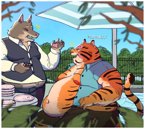 after_eating anthro belly belly_overhang belly_peeking_out big_belly bottomwear button_(fastener) chubby_cheeks clothed clothing detailed_background double_chin duo exposed_belly eyes_closed fur furniture grey_body grey_fur happy holding_note_pad holding_object male moobs navel nipples obese obese_anthro obese_male open_bottomwear open_clothing open_mouth open_shirt open_shorts open_smile open_topwear orange_body orange_fur outside overweight overweight_anthro overweight_male parasol pawpads plant plate plate_pile poolside shirt shorts sitting smile standing straining_buttons striped_body striped_fur stripes swimming_pool table talking_to_another teeth topwear torn_bottomwear torn_clothing torn_shorts tree undersized_bottomwear undersized_clothing undersized_topwear waiter water cowdypie canid canine canis felid mammal pantherine tiger wolf unavailable_at_source