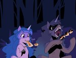 blue_hair bodily_fluids candy dessert duo eating fangs female feral food forest forest_background hair horn marshmallow nature nature_background pink_body plant purple_eyes s'more saliva sharp_teeth smores teeth tongue tongue_out tree aztrial hasbro mlp_g5 my_little_pony mythology izzy_moonbow_(mlp) equid equine mammal mythological_creature mythological_equine skinwalker unicorn