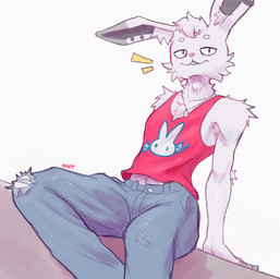 anthro bottomwear clothing denim denim_bottomwear denim_clothing jeans jewelry looking_at_viewer male necklace pants shirt simple_background sitting solo tank_top topwear nnt lagomorph leporid mammal rabbit hi_res