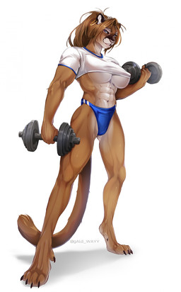 4_toes 5_fingers abs anthro athletic athletic_anthro athletic_female barbell barefoot big_breasts breasts brown_hair claws clothed clothing digitigrade ear_piercing ear_ring exercise feet female fingers fur hair hindpaw hoop_ear_ring humanoid_hands navel nipple_outline no_bra paws piercing ring_piercing smile solo standing tan_body tan_fur teeth toe_claws toes under_boob weightlifting workout galdway cougar felid feline mammal 2023 absurd_res hi_res