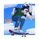 anthro blue_body blue_fur bottomwear claws clothed clothing denim denim_bottomwear denim_clothing detailed_background fur jeans male multicolored_body multicolored_fur pants patch_(fabric) red_eyes skateboard skateboarding sky_background smile solo tail teeth topwear vehicle white_body white_fur sebasanimates nintendo pokemon canid canine generation_7_pokemon lycanroc mammal midnight_lycanroc pokemon_(species) shiny_pokemon 1:1 absurd_res cel_shading digital_media_(artwork) hi_res shaded