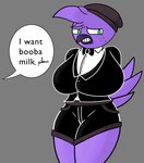 anthro beak big_breasts bow_tie breasts clothing feathers female freckles green_eyes showing_teeth solo speech_bubble suit thick_thighs uncomfortable chefrens beat_banger zoe_monroe animal_humanoid avian avian_humanoid bird bird_humanoid humanoid hi_res