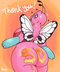 antennae_(anatomy) anthro anthrofied big_breasts big_butt breasts butt butt_focus clothed clothing female food fur glitch honey_(food) huge_butt insect_wings looking_at_viewer looking_back pink_body pink_fur pokemorph presenting presenting_hindquarters red_eyes simple_background slightly_chubby slightly_chubby_female smile solo text thick_thighs wings ampersand_ad nintendo pokemon missi_(ampersand_ad) arthropod butterfly butterfree digital_creature generation_1_pokemon glitch_creature glitch_pokemon insect lepidopteran missingno. pink_butterfree pokemon_(species) 5:6 digital_media_(artwork) shaded