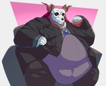 anthro armchair belly big_belly bone chair clothing food furniture gloves handwear horn male necktie obese obese_male on_chair overweight overweight_male sandwich_(food) simple_background sitting sitting_on_chair skull skull_head solo suit_jacket topwear vest wardrobe_malfunction monare the_ancient_magus_bride elias_ainsworth demon monster absurd_res cel_shading hi_res shaded