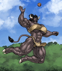 5_fingers abs anthro ball bandeau big_breasts black_body black_fur black_hair bottomwear breasts clothing female fingers fur hair hooves horn huge_breasts huge_thighs humanoid_hands loincloth muscular muscular_anthro muscular_female solo thick_thighs topwear under_boob ser_halo european_mythology greek_mythology mythology eleutheria_avarta bovid bovine mammal minotaur hi_res