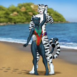 4_toes 5_fingers anthro anthro_on_anthro arm_markings athletic athletic_anthro athletic_female athletic_male barefoot beach biped black_ears black_eyebrows black_markings black_stripes black_tail_tip blue_body blue_clothing blue_fur blue_inner_ear blue_inner_ear_fluff blue_markings blue_sky blue_speedo blue_spots blue_swimwear blue_tail blue_tuft blurred_background breasts brown_nose closed_smile clothed clothed_anthro clothed_female clothed_male clothing countershade_face countershade_fur countershade_neck countershade_torso countershading dark_body dark_fur day digitigrade dipstick_tail eyebrows eyelashes facial_markings feet female female_anthro fingers forehead_markings front_view fur fur_markings green_clothing green_one-piece_swimsuit green_swimwear grey_nose head_markings hip_markings humanoid_hands inner_ear_fluff iris larger_male leg_markings light_body light_fur long_tail male male/female male_anthro markings medium_breasts mouth_closed multicolored_body multicolored_clothing multicolored_fur multicolored_one-piece_swimsuit multicolored_speedo multicolored_swimwear neck_markings one-piece_swimsuit one_eye_closed orange_eyes outside pattern_clothing pattern_swimwear pupils red_clothing red_eyes red_one-piece_swimsuit red_speedo red_stripes red_swimwear romantic romantic_couple sand sea seaside shoulder_markings size_difference sky smaller_female smile speedo spots spotted_body spotted_fur standing striped_body striped_clothing striped_fur striped_markings striped_speedo striped_swimwear striped_tail stripes swimwear tail tail_markings toes topless topless_anthro topless_male tuft water white_body white_countershading white_fur white_inner_ear white_inner_ear_fluff white_sclera white_tail white_tuft yellow_clothing yellow_one-piece_swimsuit yellow_speedo yellow_stripes yellow_swimwear mykegreywolf felid mammal pantherine tiger 1:1 2025 absurd_res digital_drawing_(artwork) digital_media_(artwork) hi_res