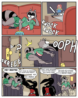 anthro beak big_breasts big_butt big_eye bodily_fluids boots bottomwear breasts building butt casual_clothing chips_(food) clothed clothing confusion controller crop_top dizzy dizzy_eyes door doorway duo eating electronics female female_anthro food footwear fur furniture happy home_invasion house huge_breasts invasion knocking luggage markings nervous nervous_look nervous_sweat open_beak open_door open_mouth pouch_(clothing) raccoon_tail remote_control ring roommate shirt shocked shoes shorts small_breasts smile sofa stripes surprised sweat t-shirt t-shirt_design tail tail_markings television topwear uninvited_guest wings diegutan carmen_the_crow uva_the_raccoon avian bird corvid corvus_(genus) crow mammal oscine passerine procyonid raccoon absurd_res hi_res