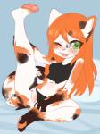 anthro blush clothing clothing_aside female freckles genitals green_eyes hair looking_at_viewer mottled one_eye_closed orange_hair panties panties_aside piebald pussy raised_leg solo spread_legs spreading underwear underwear_aside young young_anthro aoizuri cali_(kittyprint) calico_cat domestic_cat felid feline felis mammal 3:4 hi_res