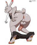 anthro anus balls bodily_fluids bottomwear bottomwear_down butt clothed clothing dripping fur genital_fluids genitals grey_body grey_fur humanoid_genitalia male neckwear partially_clothed pawpads paws penis pointy_ears precum precum_drip presenting presenting_hindquarters red_eyes scut_tail shirt short_tail shorts shorts_around_ankles shorts_down simple_background solo tail tank_top teasing teasing_viewer topwear querq nintendo pokemon generation_8_pokemon lagomorph leporid mammal pokemon_(species) rabbit scorbunny hi_res
