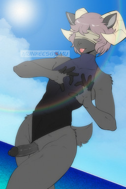 5_fingers anthro biped erection fingers fur genitals gesture glans hair heart_gesture horn humanoid_genitalia humanoid_penis male penis solo tail tongue tongue_out munkeesgomu gustav_(munkeesgomu) bovid caprine mammal hi_res