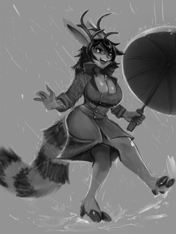 5_fingers anthro antlers big_breasts breasts female fingers hair holding_object holding_umbrella horn on_one_leg open_mouth raining smile solo standing umbrella water wet general-irrelevant mits_(character) hybrid 3:4 hi_res monochrome
