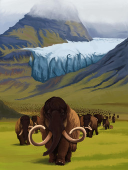 brown_body brown_fur feral fur glacier grass group herd mountain plant proboscis_(anatomy) tan_body tan_fur trunk_(anatomy) tusks valley young agustindiazart elephantid mammal mammoth prehistoric_species proboscidean woolly_mammoth 2026 hi_res