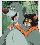 age_difference anthro black_eyes black_hair black_lips fur green_background grey_body grey_fur hair lips male open_mouth open_smile orange_body orange_fur simple_background smile stripes teeth tongue young rwgn disney talespin the_jungle_book baloo mowgli bear felid human mammal pantherine tiger 2023 absurd_res hi_res