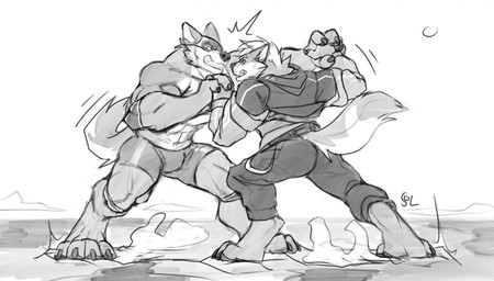 anthro bared_teeth bottomwear bulge clothed clothing cloud duo fight hair macro male male_anthro mask muscular muscular_anthro muscular_male navel open_clothing open_topwear outside pants short_hair shorts standing tail teeth topless topwear wearing_mask solaxe_(artist) canid canine mammal absurd_res hi_res monochrome sketch