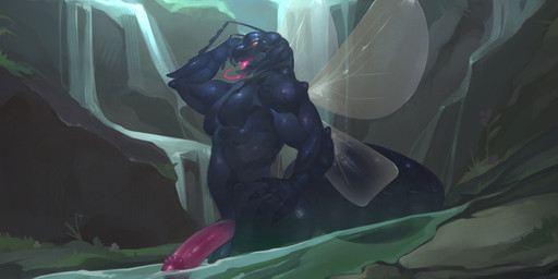 anthro arthropod_abdomen balls big_balls big_penis black_balls black_body bodily_fluids detailed_background genital_fluids genitals horn_genitals humanoid_genitalia humanoid_penis hybrid_genitalia hybrid_penis male penis purple_penis solo snorlaxk oposdal ant arthropod hymenopteran insect absurd_res hi_res