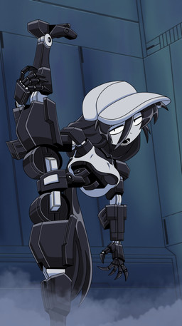 black_body black_hair bottomless breasts clothed clothing crotch_plate female female_humanoid hair hand_on_leg hat headgear headwear inside long_hair machine multicolored_body narrowed_eyes open_mouth raised_leg shirt small_breasts small_waist smoke solo spread_legs spreading stretching_legs suggestive_pose tank_top teeth tied_hair topwear under_boob white_body canni_can chamber_(canni_can) humanoid robot robot_humanoid 2026 absurd_res digital_drawing_(artwork) digital_media_(artwork) hi_res