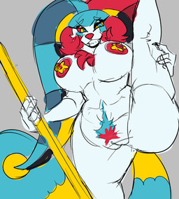 anthro big_breasts breasts clown female fur genitals huge_breasts presenting presenting_vulva solo vulva white_body white_fur rakoonmavem animal_humanoid felid felid_humanoid feline humanoid lion lion_humanoid mammal mammal_humanoid pantherine pantherine_humanoid