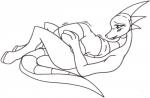 2009 abdominal_bulge belly black_and_white blush comic dragon female feral lying monochrome mythological_creature mythological_scalie mythology nude on_back pen_(artwork) ranger_(artist) ranger_(ranger) scalie simple_background solo tail traditional_media_(artwork) vore