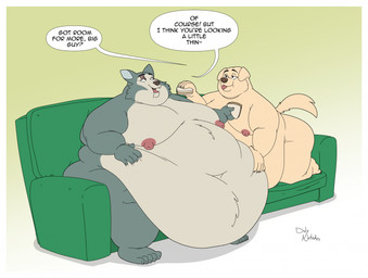 anthro belly belly_overhang big_belly big_moobs dialogue duo facial_scar feederism feeding floppy_ears fluffy fluffy_tail food furniture hand_on_belly holding_food holding_object huge_belly looking_at_another looking_at_partner male male/male moobs navel nipples nude obese obese_male offering_food overweight overweight_male pointy_ears sandwich_(food) scar simple_background sitting smile sofa speech_bubble tail text weight_difference weight_gain duly_noted beastars jack_(beastars) legoshi_(beastars) bird_dog canid canine canis domestic_dog hunting_dog labrador mammal retriever wolf english_text hi_res