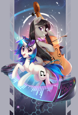 black_hair black_tail blue_hair blue_tail bowed_string_instrument cello cutie_mark duo eyelashes eyewear female feral hair horn musical_instrument open_mouth open_smile pink_eyes smile string_instrument sunglasses tail makaronder friendship_is_magic hasbro my_little_pony mythology octavia_(mlp) vinyl_scratch_(mlp) earth_pony equid equine horse mammal mythological_creature mythological_equine pony unicorn 2018 absurd_res digital_media_(artwork) hi_res