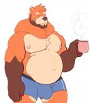 anthro beard belly beverage biceps bulge chest_tuft clothed clothing coffee container cup eyebrows facial_hair hair male musclegut muscular muscular_anthro muscular_male navel nipples overweight overweight_anthro overweight_male pecs sideburns simple_background solo standing steam tired topless tuft underwear underwear_only chibsarts chibear bear mammal digital_media_(artwork) portrait three-quarter_portrait