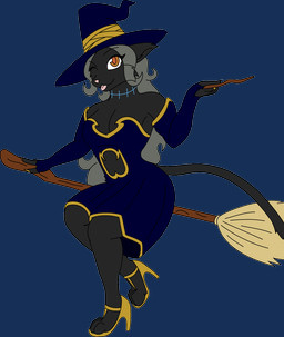 anthro black_body black_fur broom cleaning_tool clothing dress female footwear fur grey_hair hair hat headgear headwear high_heels long_hair shoes solo stitch_on_neck wand witch_hat maxo-zuma thatonebrasschronoshinx blaire_(max_o-zuma) alpha_channel hi_res