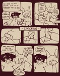 animal_genitalia animal_penis anthro beak biped bodily_fluids bottomwear bottomwear_down canine_genitalia canine_penis clothed clothing dialogue duo erection eyebrows fingers fur genitals hair hoodie knot male open_mouth open_smile penis question_mark sitting smile speech_bubble sweat text topwear divucup divu_(divucup) avian bird domestic_cat felid feline felis mammal absurd_res comic english_text hi_res