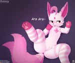 2_tails anthro bed blush clothing female furniture genitals legwear lying multi_tail paws pussy solo stockings tail text tongue tongue_out senz nintendo pokemon eva_(dainny) eeveelution generation_4_pokemon leafeon pokemon_(species) absurd_res hi_res url