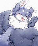 blush eyes_closed feathered_wings feathers female feral fluffy fur grey_body grey_fur happy kemono neck_tuft open_mouth simple_background solo spread_wings tuft white_background white_body white_fur wings ingi ingi_(character) canid canine fox mammal 2022