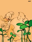 2022 absurd_res anatid anseriform anthro avian beak bird butt duck hi_res looking_at_viewer lying male nude on_front orange_background oselotti plant quill_wonderfowl rear_view signature simple_background simple_eyes solo tail white_body yellow_beak