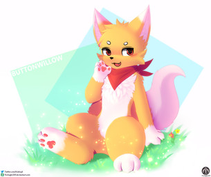 anthro fur kerchief looking_at_viewer male pawpads scarf sitting smile solo text yellow_body yellow_fur senz domestic_cat felid feline felis mammal absurd_res hi_res url