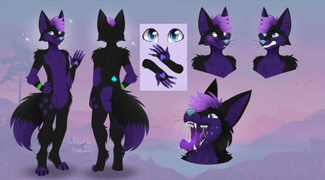 4_toes anthro black_body black_fur blue_eyes blue_nose blush bodily_fluids cheek_tuft chest_tuft claws cosmic_hair digitigrade dipstick_tail drooling ethereal_hair facial_tuft feet femboy fur fur_markings hair male markings mouth_shot open_mouth purple_body purple_hair purple_mouth saliva simple_background solo spades_(marking) sparkles tail tail_markings toes tuft wristband helensan kitsunaki canid canine fox mammal 2023 bust_portrait full-length_portrait hi_res model_sheet portrait