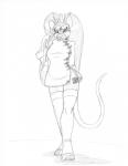 anthro asian_clothing barcode chinese_clothing claws clothing dress east_asian_clothing female footwear hair legwear long_hair looking_at_viewer pigtails sandals shoes simple_background solo standing stockings thigh_highs toe_claws wolfkidd wynne_patton 2018 greyscale monochrome sketch