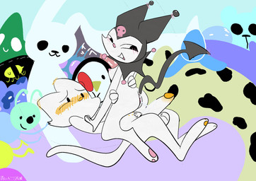 anthro anus balls belly_nipples black_eyes blush blush_lines body_hair bow_tie dot_eyes ear_blush female female/female fur genitals gynomorph gynomorph/female happy_trail humanoid_genitalia humanoid_penis humanoid_vulva intersex intersex/female penis red_bow_tie simple_eyes spade_tail tail vulva white_body white_fur one_rttdklwn hello_kitty_(series) onegai_my_melody sanrio hello_kitty_(character) kuromi demon felid feline lagomorph leporid mammal rabbit dithering hi_res