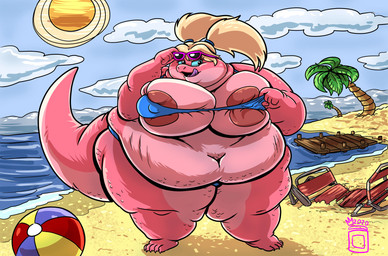 anthro ball beach beach_ball bikini breasts clothing cloud eyewear female hair inflatable non-mammal_breasts obese obese_anthro obese_female overweight overweight_anthro overweight_female palm_tree plant seaside sky solo sun sunglasses swimwear tree two-piece_swimsuit royaljellysandwich lizard reptile scalie hi_res