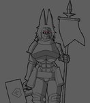 abs armor armor_plates banner big_breasts black_sclera bodysuit breast_squish breastplate breasts camel_toe clothing facial_markings facial_scar female flag gloves hair half-closed_eyes hammer handwear head_markings holding_object holding_weapon leg_armor looking_away markings melee_weapon muscular muscular_female narrowed_eyes petal_hair pink_eyes plant plant_hair polearm pseudo_hair scar scarf scars_all_over shoulder_armor shoulder_pads skinsuit smile solo spear spiky_hair squish standing tight_clothing tools under_boob weapon quincebleene quince_(quincebleene) piantan hi_res monochrome shaded