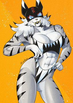 5_fingers abstract_background anthro arms_bent bare_shoulders big_breasts big_eyes biped black_claws black_hair black_lips black_markings black_stripes blue_sclera bra breasts claws cleavage cleavage_overflow clothed clothed_anthro clothed_female clothing clothing_pull collarbone fangs female finger_claws fingers fur gold_(metal) gold_tooth grey_body grey_fur grin grinning_at_viewer hair humanoid_hands light_body light_fur lips looking_at_viewer markings mask medium_hair multicolored_body multicolored_bra multicolored_clothing multicolored_fur multicolored_hair multicolored_mask multicolored_sports_bra multicolored_thong multicolored_underwear multicolored_wrestling_mask navel orange_nose pose pupils sabertooth_(anatomy) sharp_teeth skimpy smile smiling_at_viewer solo sports_bra sports_mask sportswear standing striped_arms striped_body striped_fur striped_legs stripes teeth thick_bottom_lip thong thong_pull three-quarter_view two_tone_bra two_tone_clothing two_tone_hair two_tone_mask two_tone_sports_bra two_tone_thong two_tone_underwear two_tone_wrestling_mask underwear underwear_pull white_body white_breasts white_fur white_hair wide_hipped_anthro wide_hipped_female wrestling_mask paisleyrose103 saber_(roboticsteve) felid mammal prehistoric_species saber-toothed_tiger 2024 digital_drawing_(artwork) digital_media_(artwork) hi_res pinup portrait signature three-quarter_portrait